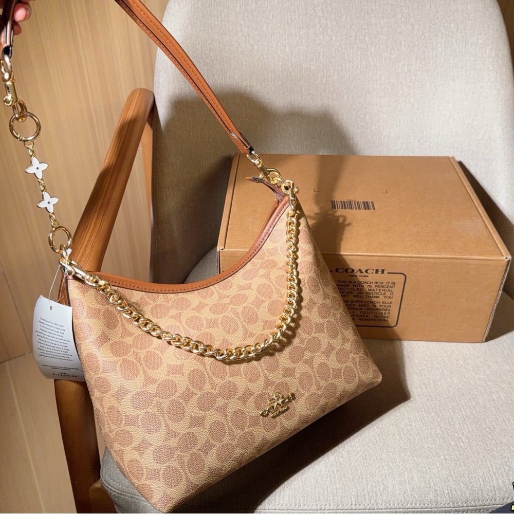 Coach Signature Canvas Hobo Shoulder Bag in Tan and Brown